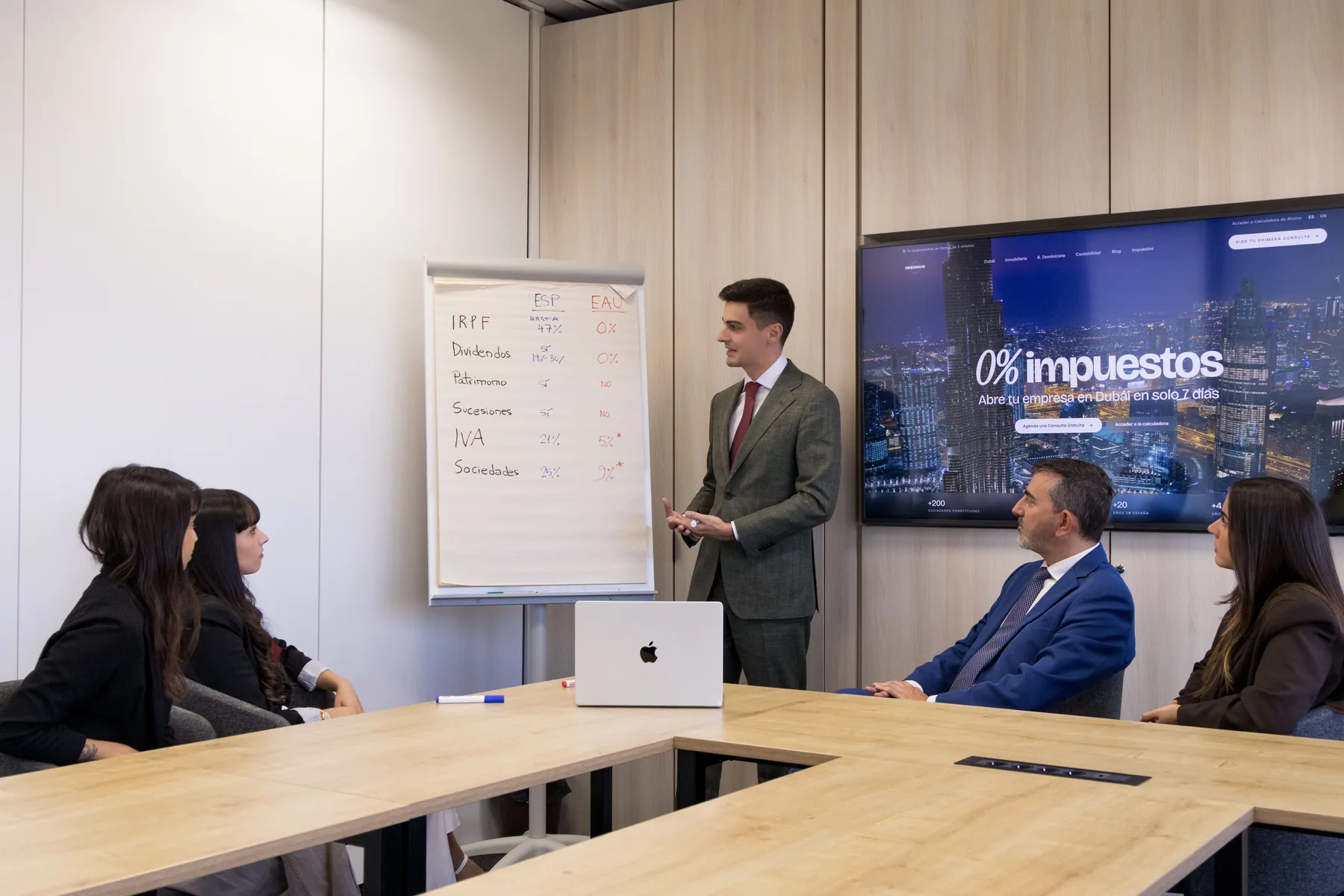 IBÉRICO advisor explaining the Spain-UAE tax comparison to the team